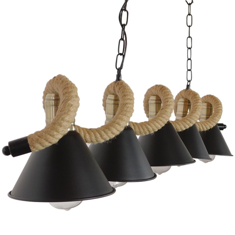 GloboStar® TYMEN 01190 Vintage Κρεμαστό Φωτιστικό Καμπάνα Πολύφωτο 5 x E27 IP20 Μαύρο Μέταλλο με Μπεζ Σχοινί - Μ150 x Π22 x Υ23cm