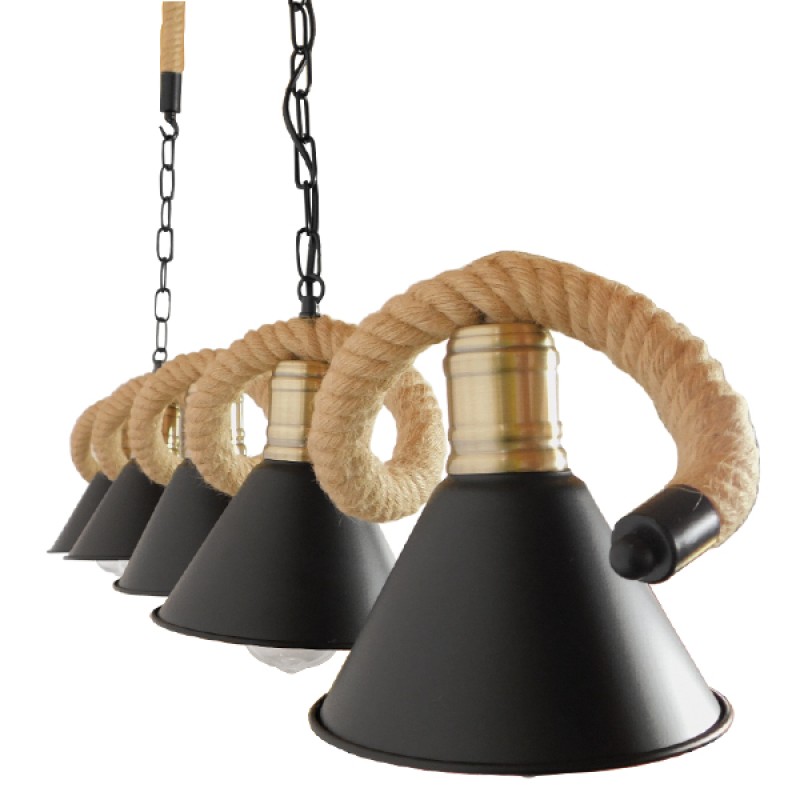 GloboStar® TYMEN 01190 Vintage Κρεμαστό Φωτιστικό Καμπάνα Πολύφωτο 5 x E27 IP20 Μαύρο Μέταλλο με Μπεζ Σχοινί - Μ150 x Π22 x Υ23cm