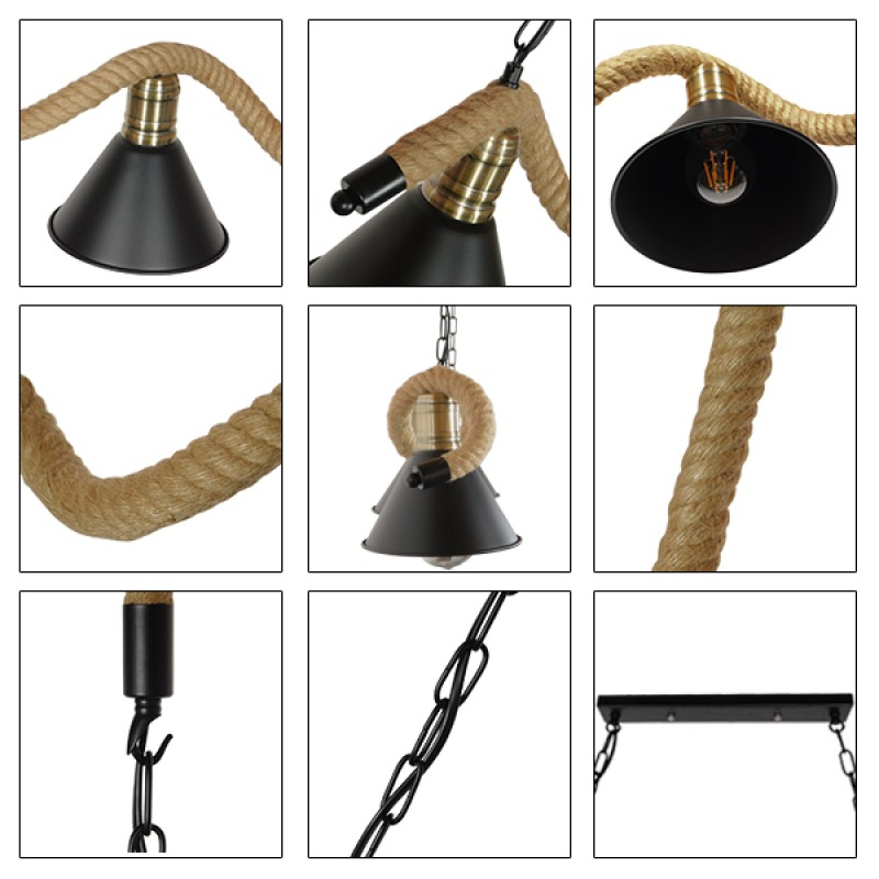 GloboStar® TYMEN 01190 Vintage Κρεμαστό Φωτιστικό Καμπάνα Πολύφωτο 5 x E27 IP20 Μαύρο Μέταλλο με Μπεζ Σχοινί - Μ150 x Π22 x Υ23cm