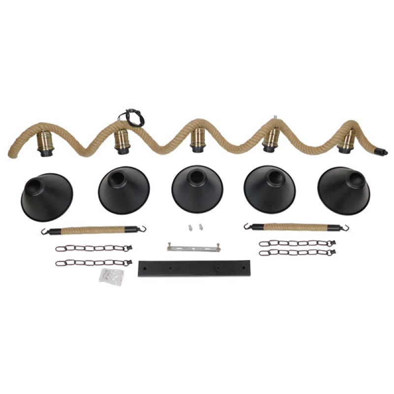 GloboStar® TYMEN 01190 Vintage Κρεμαστό Φωτιστικό Καμπάνα Πολύφωτο 5 x E27 IP20 Μαύρο Μέταλλο με Μπεζ Σχοινί - Μ150 x Π22 x Υ23cm