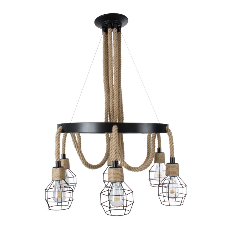 GloboStar® HELLET 01193 Vintage Κρεμαστό Φωτιστικό Πλέγμα Πολύφωτο 6 x E27 IP20 Μαύρο Μέταλλο, Πράσινο Πλαστικό με Μπεζ Σχοινί - Μ72 x Π72 x Υ80cm