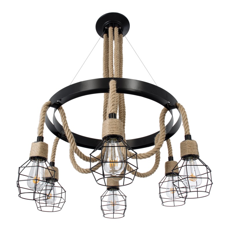 GloboStar® HELLET 01193 Vintage Κρεμαστό Φωτιστικό Πλέγμα Πολύφωτο 6 x E27 IP20 Μαύρο Μέταλλο, Πράσινο Πλαστικό με Μπεζ Σχοινί - Μ72 x Π72 x Υ80cm