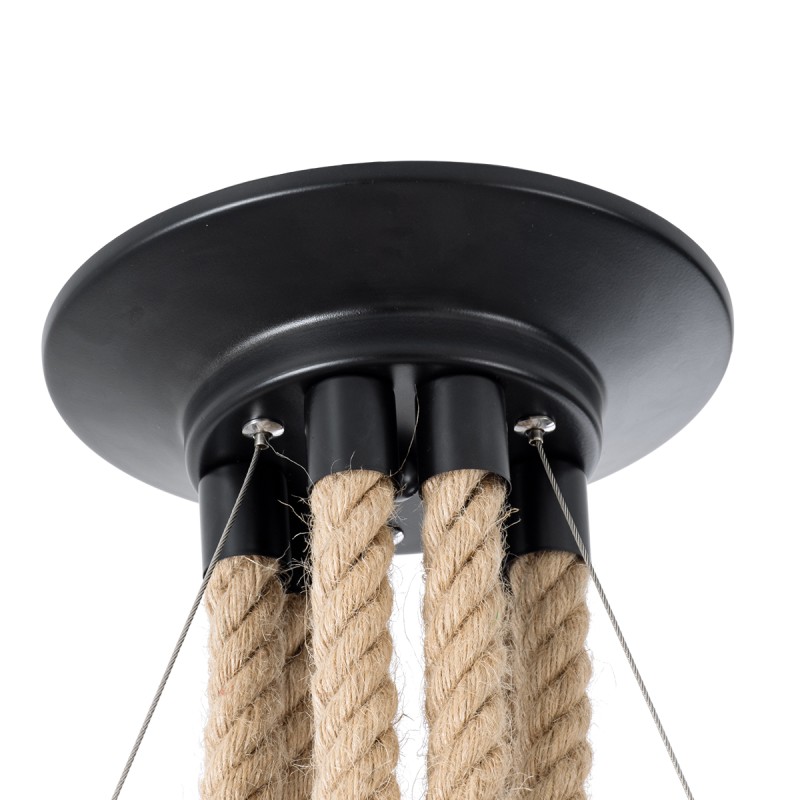 GloboStar® HELLET 01193 Vintage Κρεμαστό Φωτιστικό Πλέγμα Πολύφωτο 6 x E27 IP20 Μαύρο Μέταλλο, Πράσινο Πλαστικό με Μπεζ Σχοινί - Μ72 x Π72 x Υ80cm