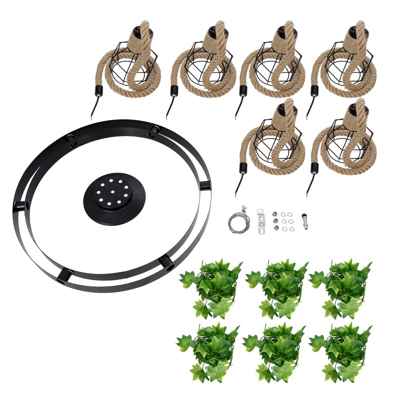 GloboStar® HELLET 01193 Vintage Κρεμαστό Φωτιστικό Πλέγμα Πολύφωτο 6 x E27 IP20 Μαύρο Μέταλλο, Πράσινο Πλαστικό με Μπεζ Σχοινί - Μ72 x Π72 x Υ80cm