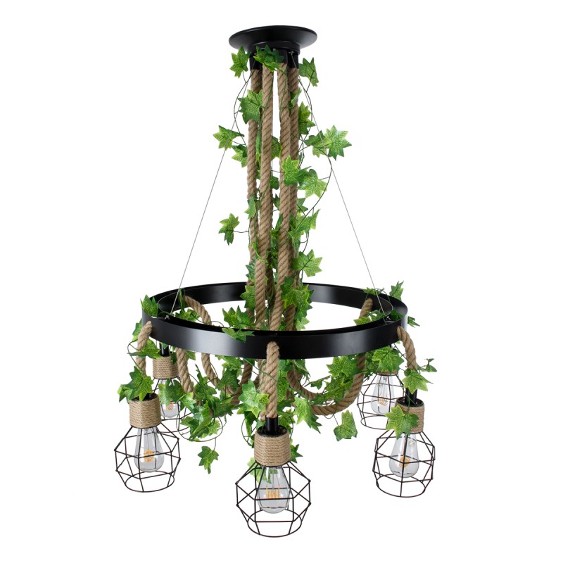 GloboStar® HELLET 01193 Vintage Κρεμαστό Φωτιστικό Πλέγμα Πολύφωτο 6 x E27 IP20 Μαύρο Μέταλλο, Πράσινο Πλαστικό με Μπεζ Σχοινί - Μ72 x Π72 x Υ80cm