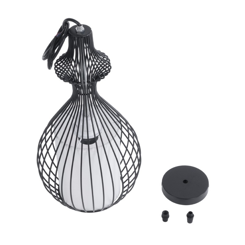 GloboStar® REA 01197 Μοντέρνο Κρεμαστό Φωτιστικό Πλέγμα Μονόφωτο 1 x E27 IP20 Μαύρο Μέταλλο με Λευκό Ύφασμα - Μ21 x Π21 x Υ40cm