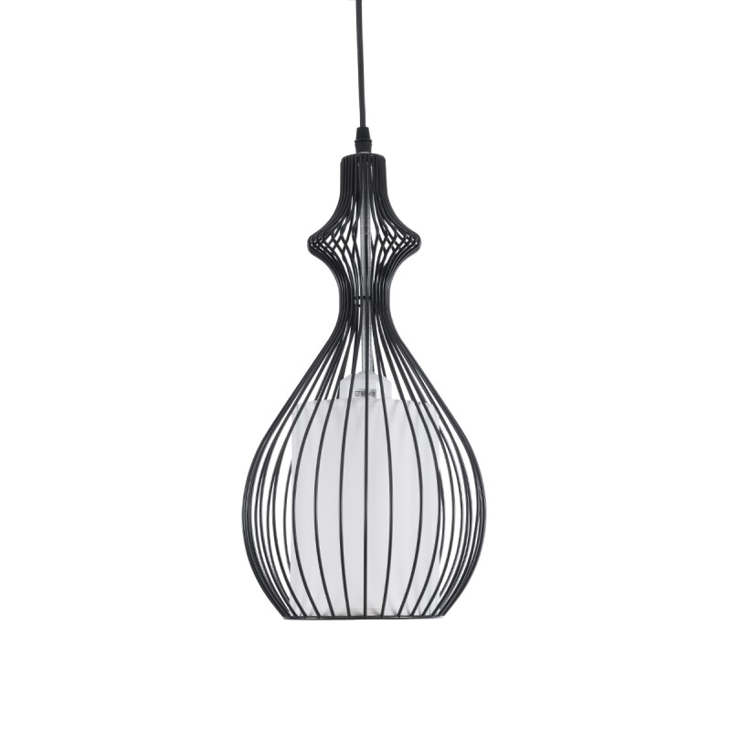 GloboStar® REA 01197 Μοντέρνο Κρεμαστό Φωτιστικό Πλέγμα Μονόφωτο 1 x E27 IP20 Μαύρο Μέταλλο με Λευκό Ύφασμα - Μ21 x Π21 x Υ40cm