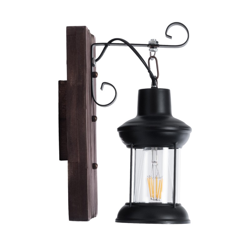 GloboStar® BRASRA 01204 Vintage Επιτοίχιο Φωτιστικό Απλίκα Μονόφωτο 1 x E27 IP20 Καφέ Ξύλο, Μαύρο Μέταλλο με Διάφανο Γυαλί - Μ15 x Π20 x Υ30cm