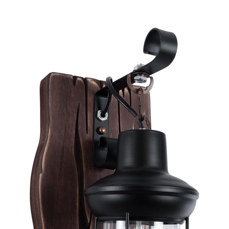 GloboStar® BRASRA 01204 Vintage Επιτοίχιο Φωτιστικό Απλίκα Μονόφωτο 1 x E27 IP20 Καφέ Ξύλο, Μαύρο Μέταλλο με Διάφανο Γυαλί - Μ15 x Π20 x Υ30cm