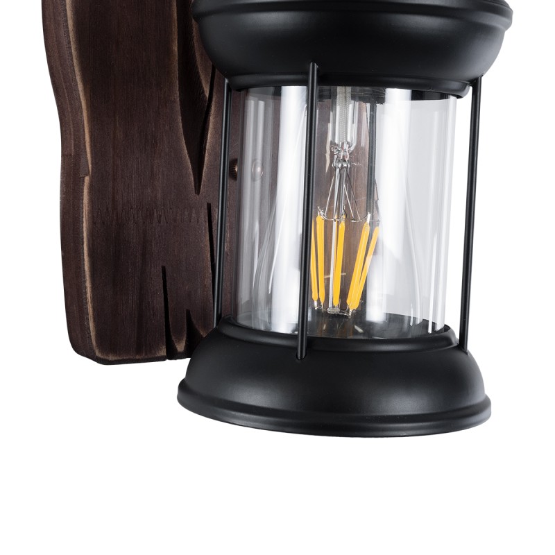 GloboStar® BRASRA 01204 Vintage Επιτοίχιο Φωτιστικό Απλίκα Μονόφωτο 1 x E27 IP20 Καφέ Ξύλο, Μαύρο Μέταλλο με Διάφανο Γυαλί - Μ15 x Π20 x Υ30cm