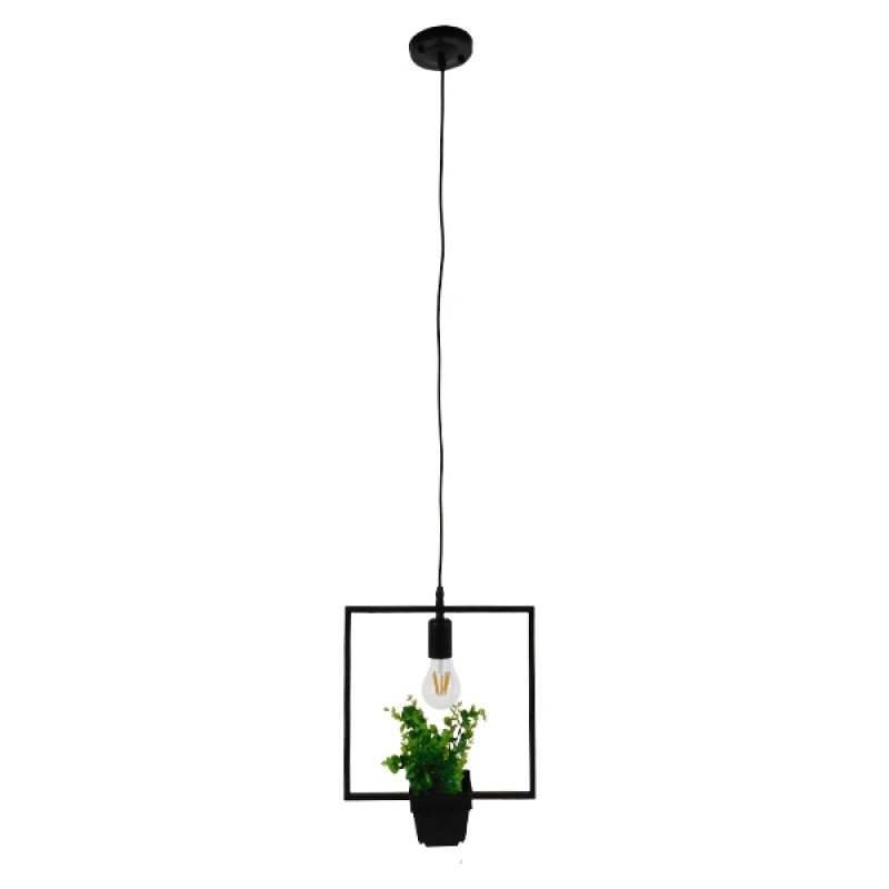GloboStar® FLOWERPOT 10001211 Μοντέρνο Κρεμαστό Φωτιστικό Ανάρτηση Μονόφωτο 1 x E27 IP20 Μαύρο Μέταλλο με Πράσινο Πλαστικό - Μ30 x Π30 x Υ30cm
