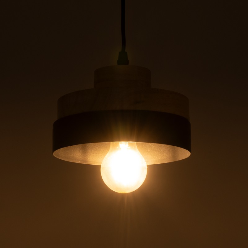 GloboStar® RUHIEL 01233 Μοντέρνο Κρεμαστό Φωτιστικό Καμπάνα Μονόφωτο 1 x E27 IP20 Μαύρο Μέταλλο με Μπεζ Ξύλο - Μ18 x Π18 x Υ12cm