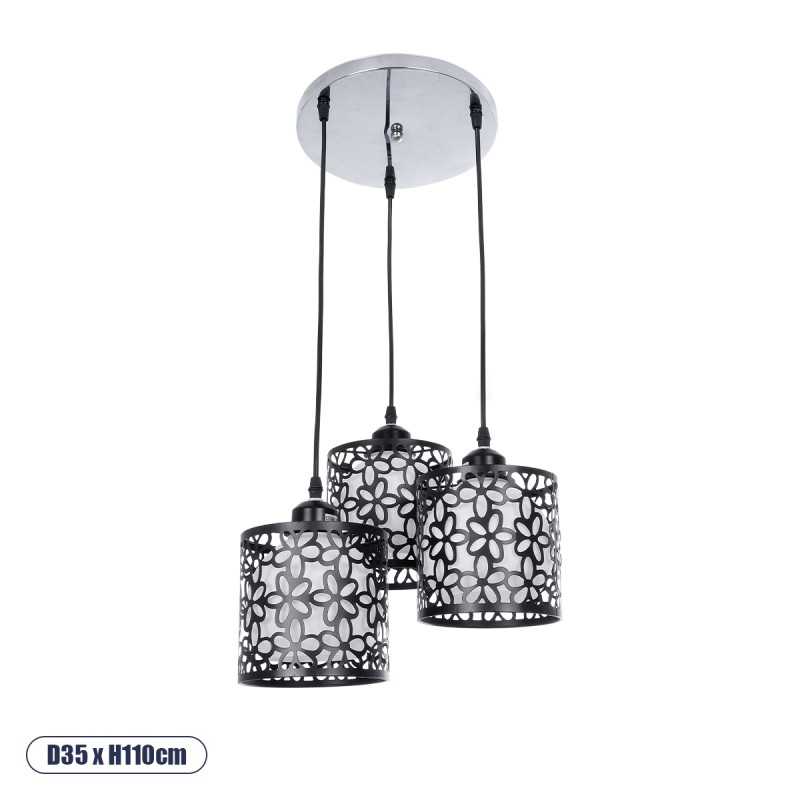 GloboStar® RAINELDA 01246 Μοντέρνο Κρεμαστό Φωτιστικό Πλέγμα Τρίφωτο 3 x E27 IP20 Μαύρο Μέταλλο με Λευκό Γυαλί - Μ60 x Π6 x Υ6cm