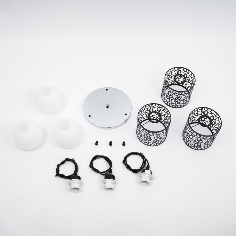 GloboStar® RAINELDA 01246 Μοντέρνο Κρεμαστό Φωτιστικό Πλέγμα Τρίφωτο 3 x E27 IP20 Μαύρο Μέταλλο με Λευκό Γυαλί - Μ60 x Π6 x Υ6cm