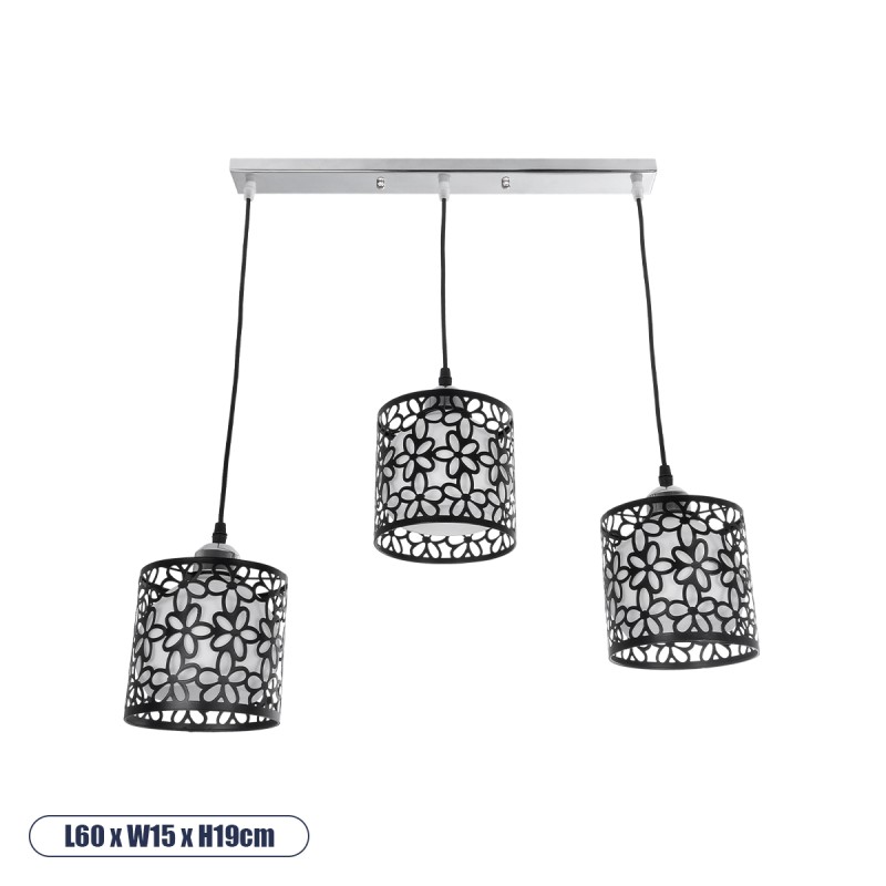 GloboStar® RAINELDA 01247 Μοντέρνο Κρεμαστό Φωτιστικό Πλέγμα Τρίφωτο 3 x E27 IP20 Μαύρο Μέταλλο με Λευκό Γυαλί - Μ60 x Π15 x Υ19cm