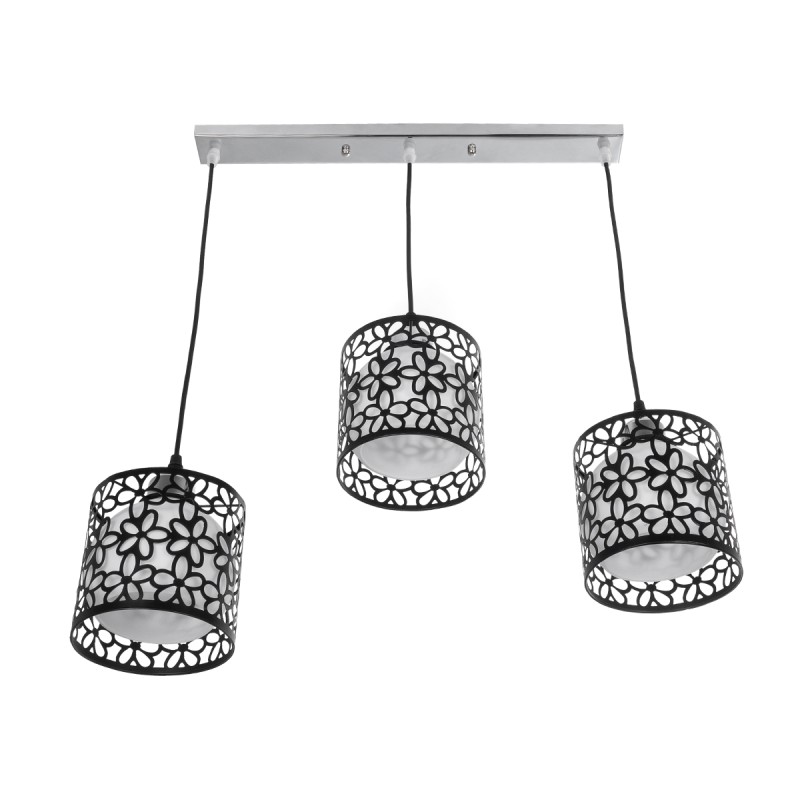 GloboStar® RAINELDA 01247 Μοντέρνο Κρεμαστό Φωτιστικό Πλέγμα Τρίφωτο 3 x E27 IP20 Μαύρο Μέταλλο με Λευκό Γυαλί - Μ60 x Π15 x Υ19cm