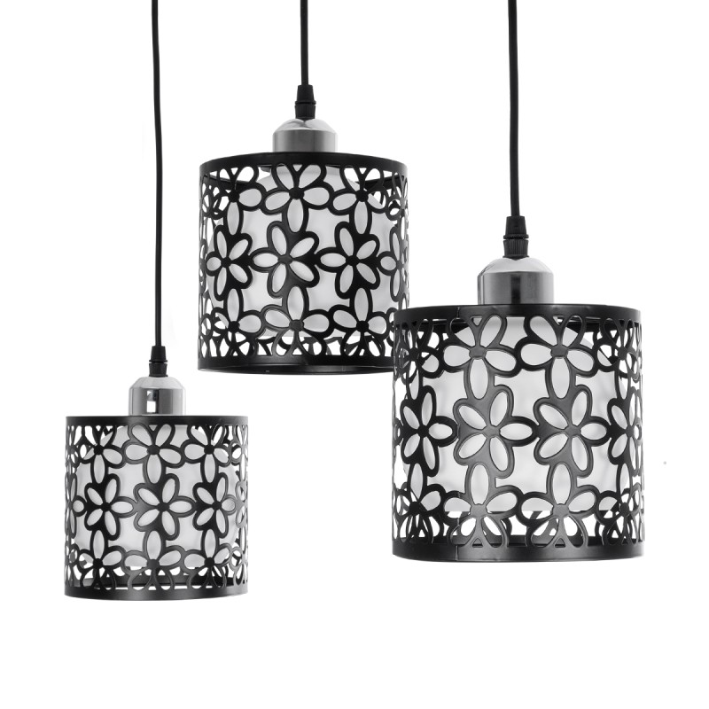 GloboStar® RAINELDA 01247 Μοντέρνο Κρεμαστό Φωτιστικό Πλέγμα Τρίφωτο 3 x E27 IP20 Μαύρο Μέταλλο με Λευκό Γυαλί - Μ60 x Π15 x Υ19cm