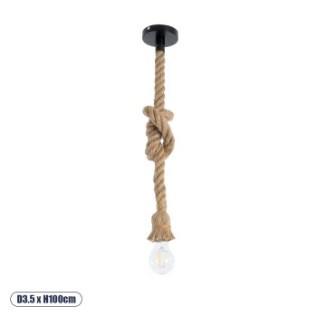 GLOBOSTAR® ROPE 01278 Vintage Κρεμαστό Φωτιστικό Οροφής με Ντουί 1 x E27 AC 220-240V IP20 - Μπεζ - Μ3.5 x Π3.5 x Y100cm