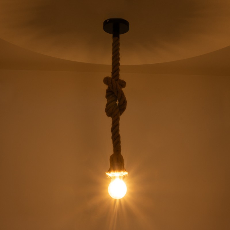 GloboStar® ROPE 01278 Vintage Κρεμαστό Φωτιστικό Ανάρτηση Μονόφωτο 1 x E27 IP20 Μπεζ Σχοινί - Μ3.5 x Π3.5 x Y100cm