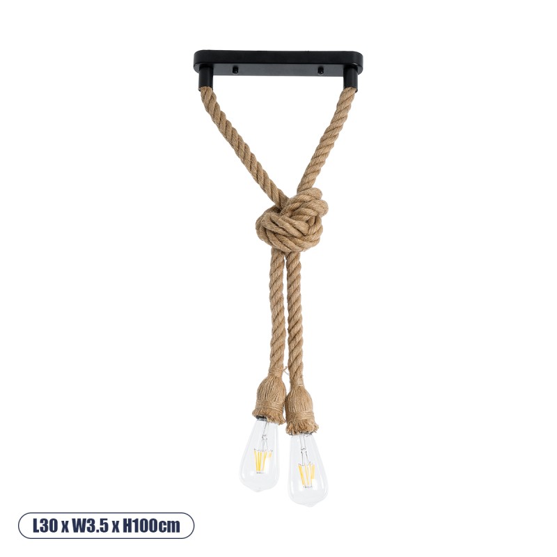 GloboStar® ROPE 01279 Vintage Κρεμαστό Φωτιστικό Ράγα Δίφωτο 2 x E27 IP20 Μπεζ Σχοινί - Μ30 x Π3.5 x Υ100cm