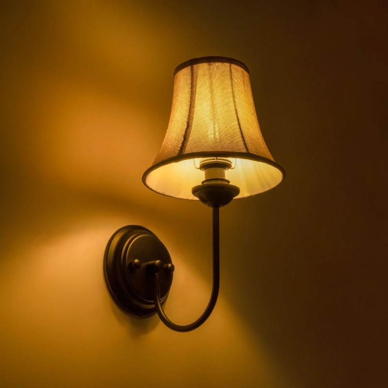 GloboStar® SHELLY 01299 Vintage Επιτοίχιο Φωτιστικό Απλίκα Μονόφωτο 1 x E27 IP20 Μαύρο Μέταλλο με Μπεζ Ύφασμα - Μ13 x Π18 x Υ34cm