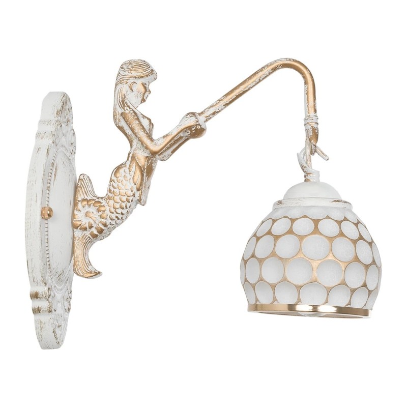 GloboStar® MERMAID 01317 Vintage Επιτοίχιο Φωτιστικό Απλίκα Μονόφωτο 1 x E27 IP20 Λευκό Γυαλί με Λευκό & Χρυσό Μέταλλο - Μ12.5 x Π28 x Υ27cm