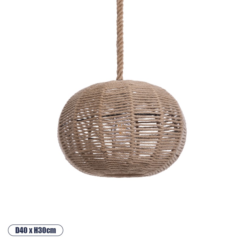 GloboStar® MANDALA 01331 Vintage Κρεμαστό Φωτιστικό Πλέγμα Μονόφωτο 1 x E27 IP20 Μπεζ Σχοινί - Μ40 x Π40 x Υ33cm