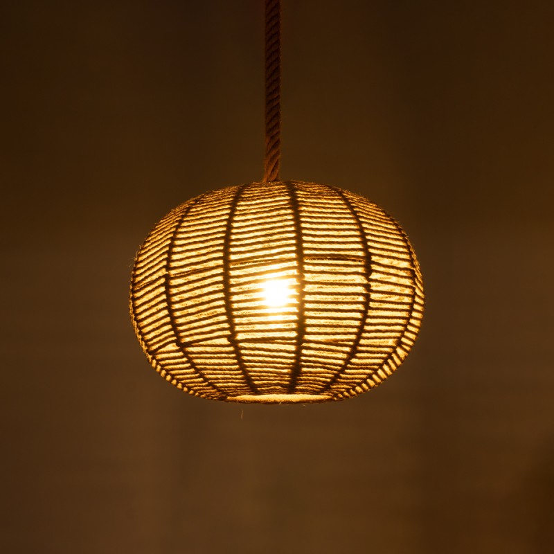 GloboStar® MANDALA 01331 Vintage Κρεμαστό Φωτιστικό Πλέγμα Μονόφωτο 1 x E27 IP20 Μπεζ Σχοινί - Μ40 x Π40 x Υ33cm