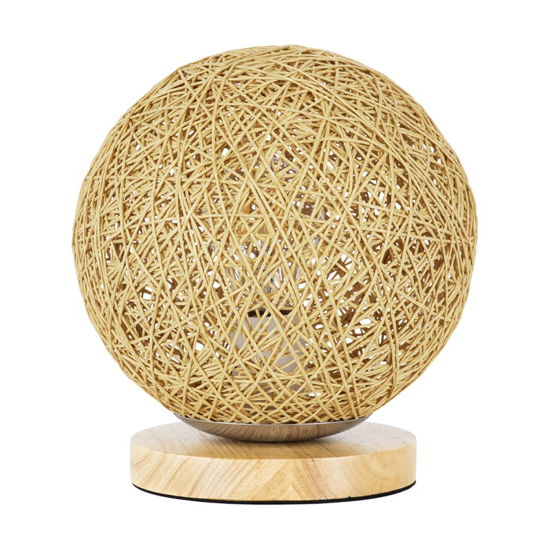 GloboStar® OCEANA 01336 Boho Επιτραπέζιο Φωτιστικό Πορτατίφ Μονόφωτο Μπεζ Ξύλινο Ψάθινο Rattan Φ20 x Υ22cm