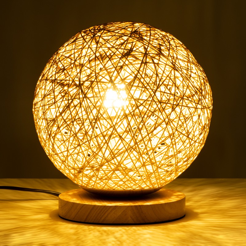 GloboStar® OCEANA 01336 Boho Επιτραπέζιο Φωτιστικό Πορτατίφ Μονόφωτο Μπεζ Ξύλινο Ψάθινο Rattan Φ20 x Υ22cm