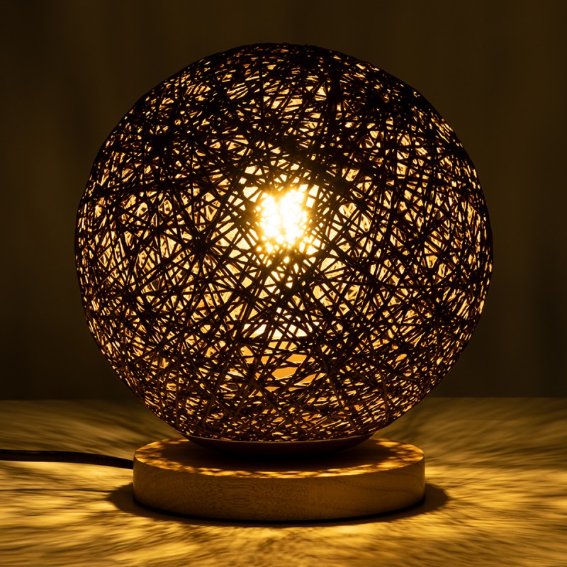 GloboStar® OCEANA 01337 Boho Επιτραπέζιο Φωτιστικό Πορτατίφ Μονόφωτο Καφέ Σκούρο Ξύλινο Ψάθινο Rattan Φ20 x Υ22cm