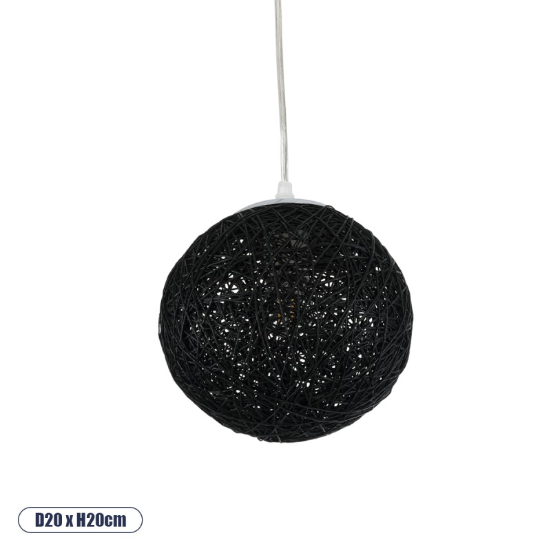 GloboStar® OCEANA 01356 Boho Κρεμαστό Φωτιστικό Μπάλα Μονόφωτο 1 x E27 IP20 Μαύρο Σχοινί - Μ20 x Π20 x Υ20cm