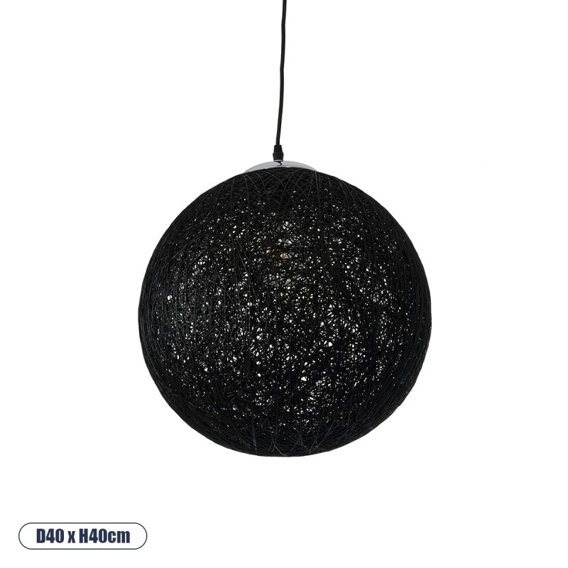 GloboStar® OCEANA 01360 Boho Κρεμαστό Φωτιστικό Μπάλα Μονόφωτο 1 x E27 IP20 Μαύρο Σχοινί - Μ40 x Π40 x Υ40cm