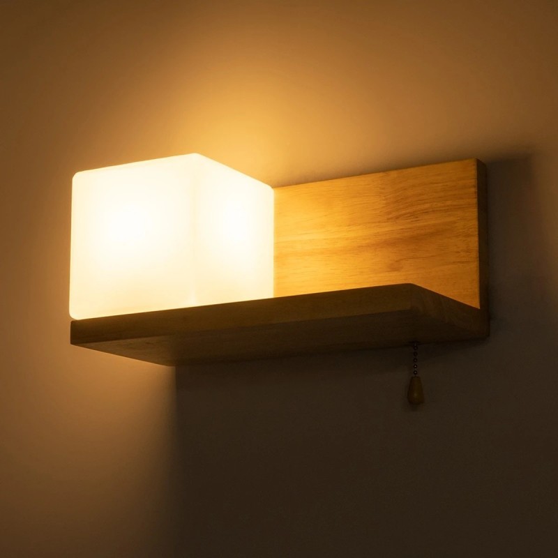 GloboStar® AMITY 01365 Μοντέρνο Επιτοίχιο Φωτιστικό Απλίκα Μονόφωτο 1 x E27 IP20 Μπεζ Ξύλο με Λευκό Γυαλί - Μ30 x Π14.5 x Υ15cm