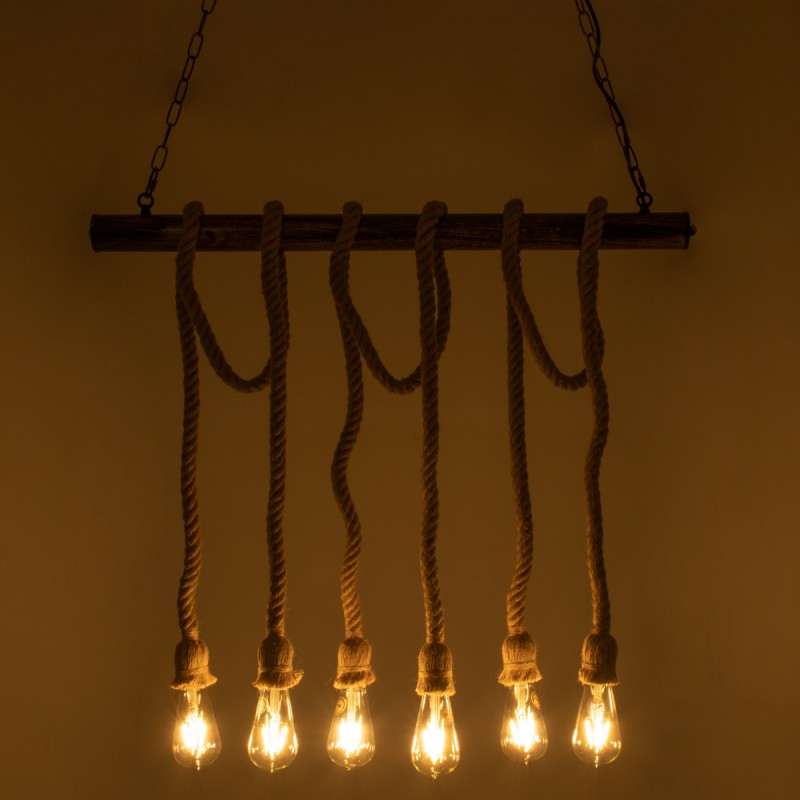 GloboStar® RAILROAD 01379 Vintage Κρεμαστό Φωτιστικό Ράγα Πολύφωτο 6 x E27 IP20 Χάλκινο Μέταλλο με Μπεζ Σχοινί - Μ80 x Π4 x Y55cm