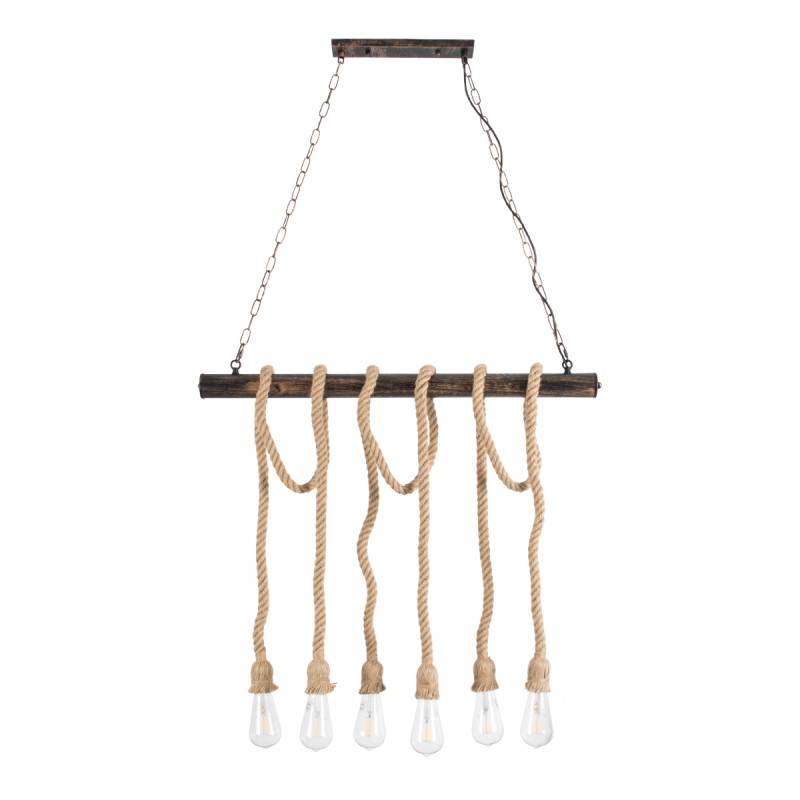 GloboStar® RAILROAD 01379 Vintage Κρεμαστό Φωτιστικό Ράγα Πολύφωτο 6 x E27 IP20 Χάλκινο Μέταλλο με Μπεζ Σχοινί - Μ80 x Π4 x Y55cm