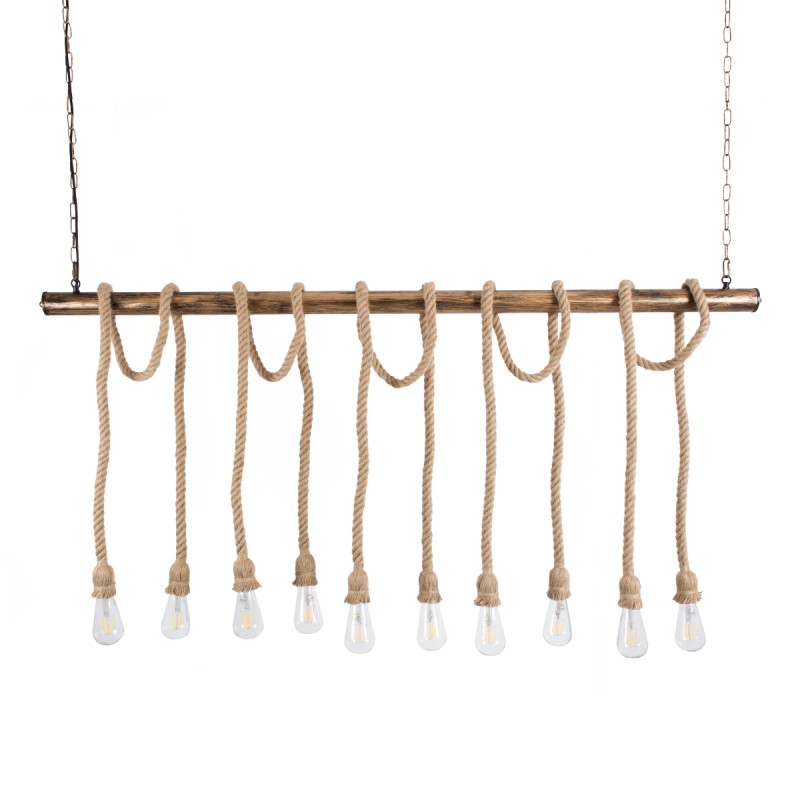 GloboStar® RAILROAD 01380 Vintage Κρεμαστό Φωτιστικό Ράγα Πολύφωτο 10 x E27 IP20 Χάλκινο Μέταλλο με Μπεζ Σχοινί - Μ150 x Π4 x Y62.5cm