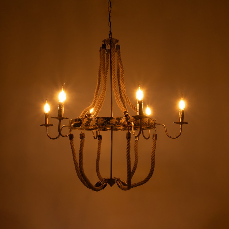 GloboStar® VICTORIAN 01404 Vintage Κρεμαστό Φωτιστικό Ανάρτηση Πολύφωτο 6 x E14 IP20 Χάλκινο Μέταλλο με Μπεζ Σχοινί - Μ85 x Π85 x Y85cm