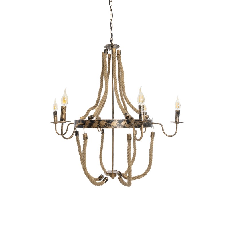 GloboStar® VICTORIAN 01404 Vintage Κρεμαστό Φωτιστικό Ανάρτηση Πολύφωτο 6 x E14 IP20 Χάλκινο Μέταλλο με Μπεζ Σχοινί - Μ85 x Π85 x Y85cm