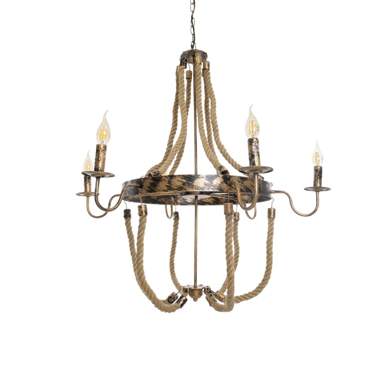 GloboStar® VICTORIAN 01404 Vintage Κρεμαστό Φωτιστικό Ανάρτηση Πολύφωτο 6 x E14 IP20 Χάλκινο Μέταλλο με Μπεζ Σχοινί - Μ85 x Π85 x Y85cm