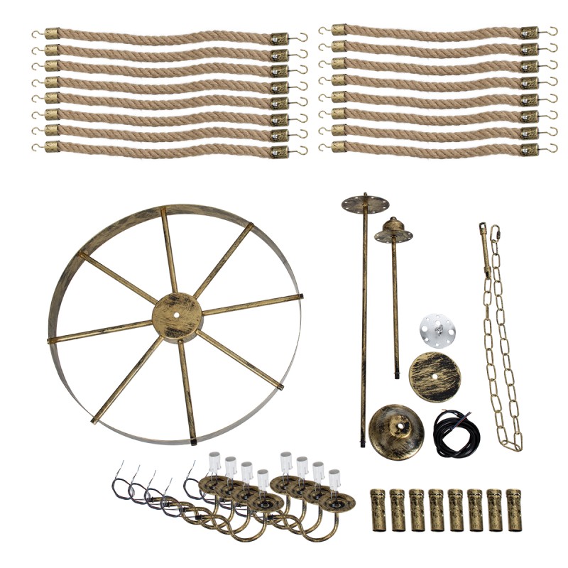 GloboStar® BAVARIAN 01405 Vintage Κρεμαστό Φωτιστικό Ανάρτηση Πολύφωτο 8 x E14 IP20 Μπρούτζινο Μέταλλο με Μπεζ Σχοινί - Μ87 x Π87 x Y80cm