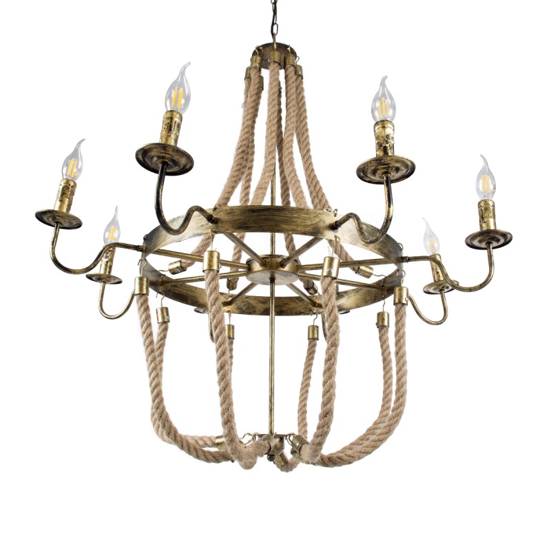 GloboStar® BAVARIAN 01405 Vintage Κρεμαστό Φωτιστικό Ανάρτηση Πολύφωτο 8 x E14 IP20 Μπρούτζινο Μέταλλο με Μπεζ Σχοινί - Μ87 x Π87 x Y80cm