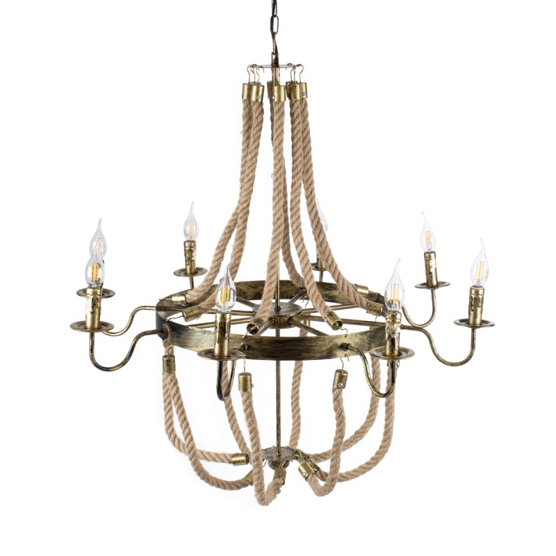 GloboStar® BAVARIAN 01405 Vintage Κρεμαστό Φωτιστικό Ανάρτηση Πολύφωτο 8 x E14 IP20 Μπρούτζινο Μέταλλο με Μπεζ Σχοινί - Μ87 x Π87 x Y80cm