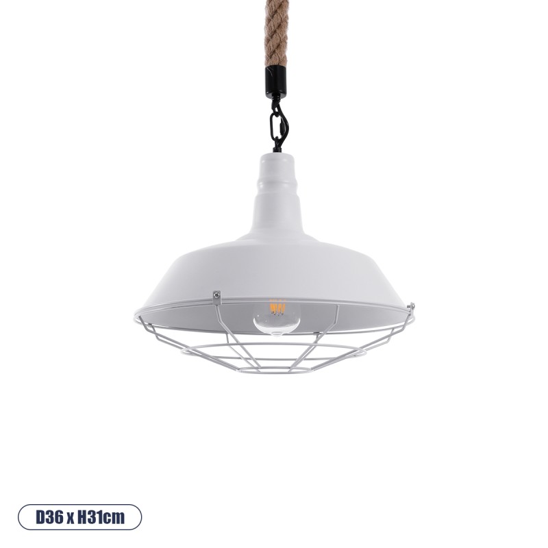 GloboStar® CRANE 01409 Vintage Κρεμαστό Φωτιστικό Μονόφωτο Καμπάνα 1 x E27 IP20 Λευκό Μεταλλο με Μπεζ Σχοινί - Μ36 x Π36 x Y31cm