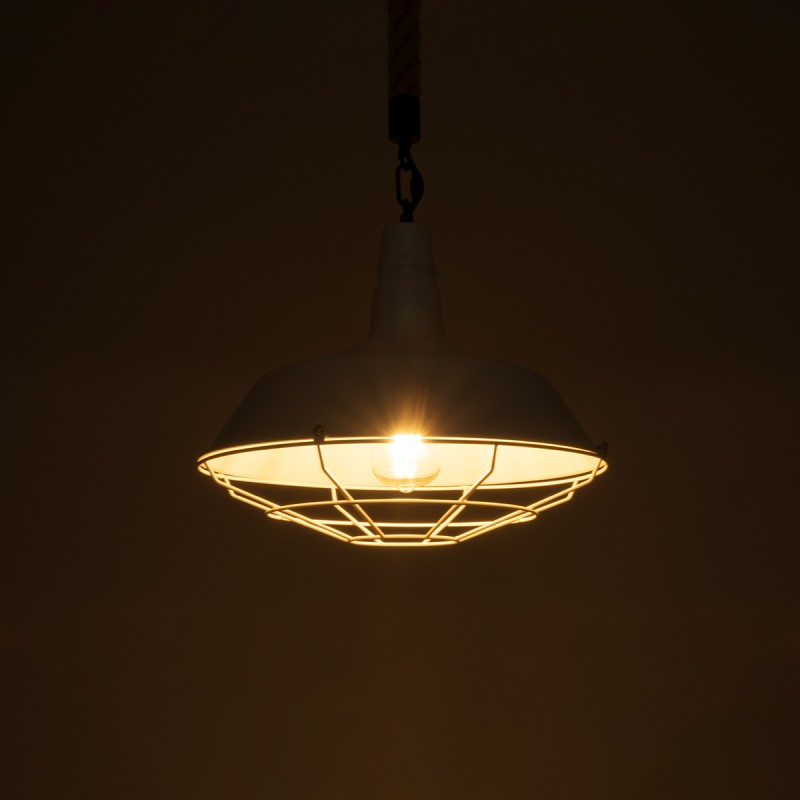 GloboStar® CRANE 01409 Vintage Κρεμαστό Φωτιστικό Μονόφωτο Καμπάνα 1 x E27 IP20 Λευκό Μεταλλο με Μπεζ Σχοινί - Μ36 x Π36 x Y31cm