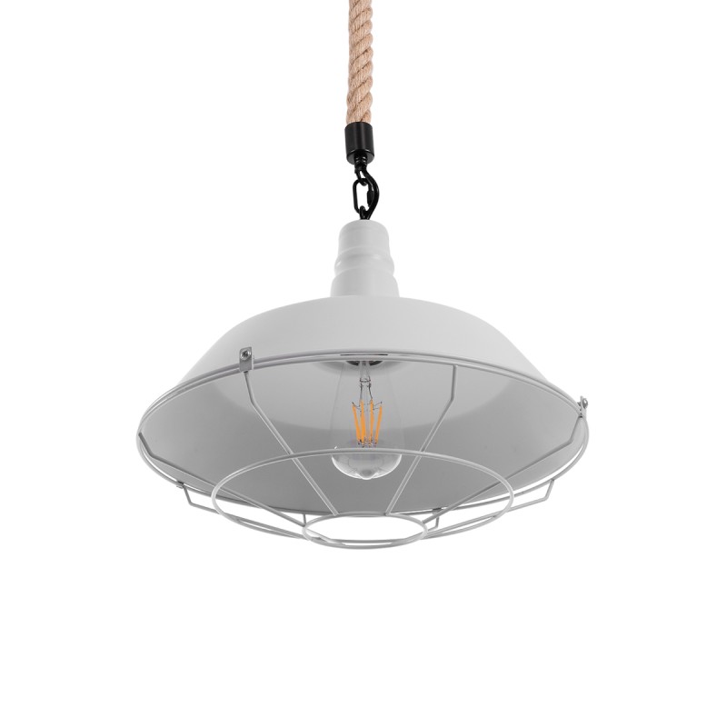 GloboStar® CRANE 01409 Vintage Κρεμαστό Φωτιστικό Μονόφωτο Καμπάνα 1 x E27 IP20 Λευκό Μεταλλο με Μπεζ Σχοινί - Μ36 x Π36 x Y31cm