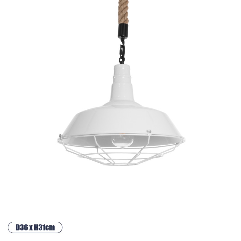 GloboStar® PUPPET 01412 Vintage Κρεμαστό Φωτιστικό Μονόφωτο Καμπάνα 1 x E27 IP20 Λευκό Μεταλλο με Μπεζ Σχοινί - Μ36 x Π36 x Y31cm
