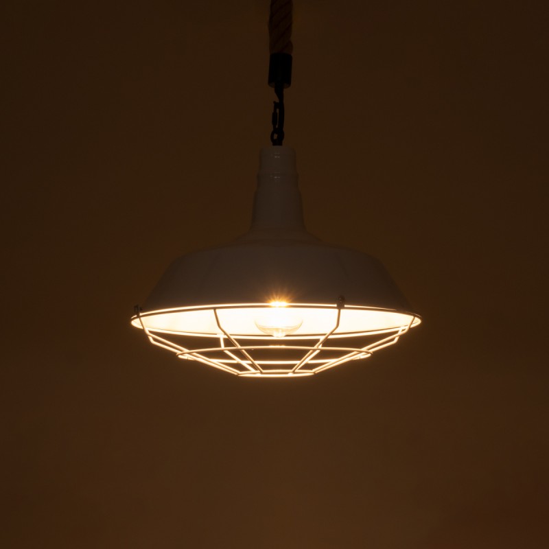 GloboStar® PUPPET 01412 Vintage Κρεμαστό Φωτιστικό Μονόφωτο Καμπάνα 1 x E27 IP20 Λευκό Μεταλλο με Μπεζ Σχοινί - Μ36 x Π36 x Y31cm