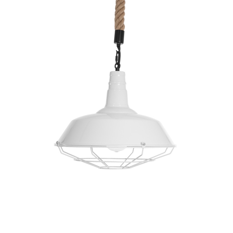 GloboStar® PUPPET 01412 Vintage Κρεμαστό Φωτιστικό Μονόφωτο Καμπάνα 1 x E27 IP20 Λευκό Μεταλλο με Μπεζ Σχοινί - Μ36 x Π36 x Y31cm