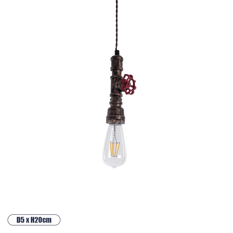 GloboStar® SPIGOT 01413 Vintage Κρεμαστό Φωτιστικό Ανάρτηση Μονόφωτο 1 x E27 IP20 Χάλκινο & Κόκκινο Μεταλλο - Μ5 x Π5 x Y20cm
